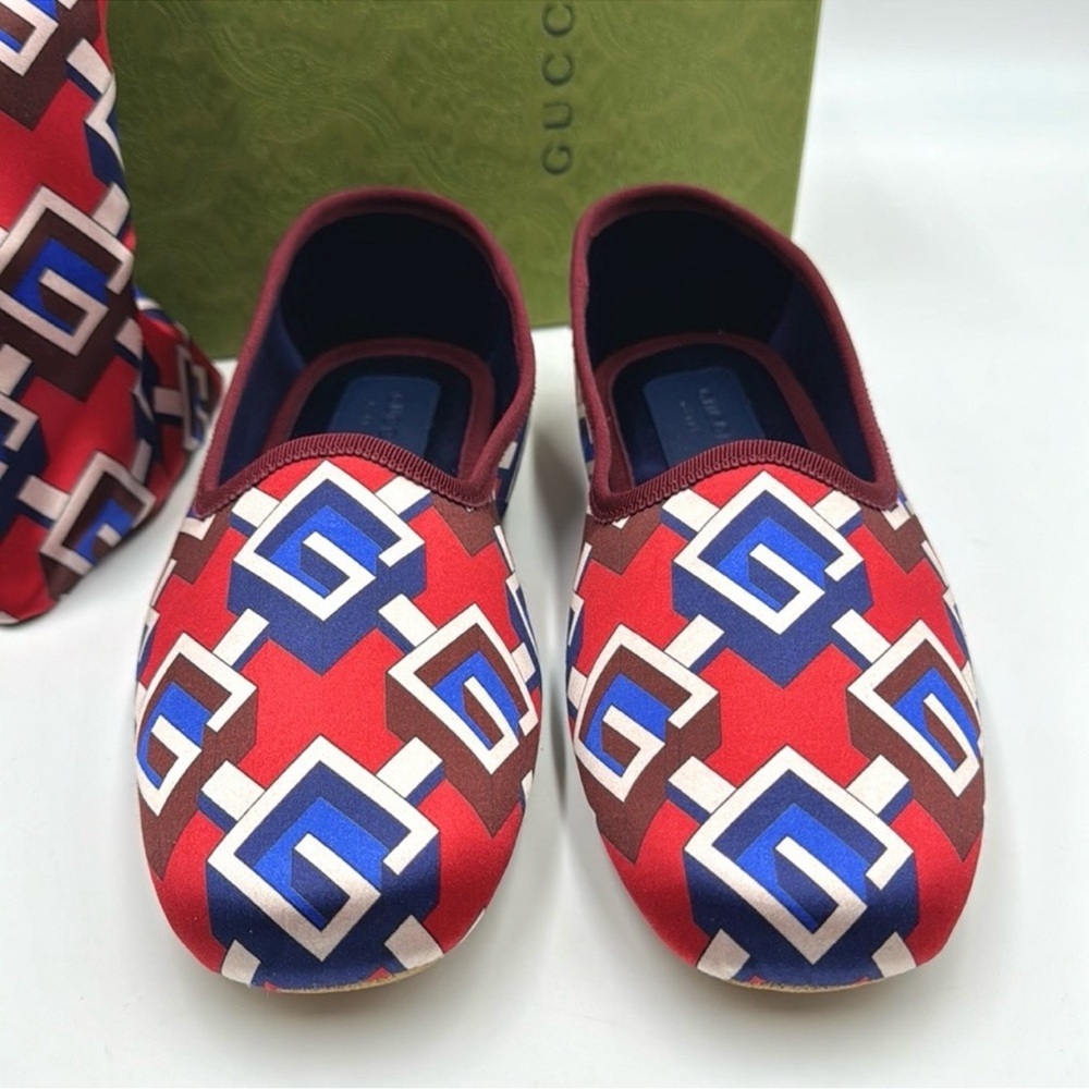 Gucci Red Satin Voyage Geometric G Print Slippers NEW in Box SZ 16 - Picture 11 of 12